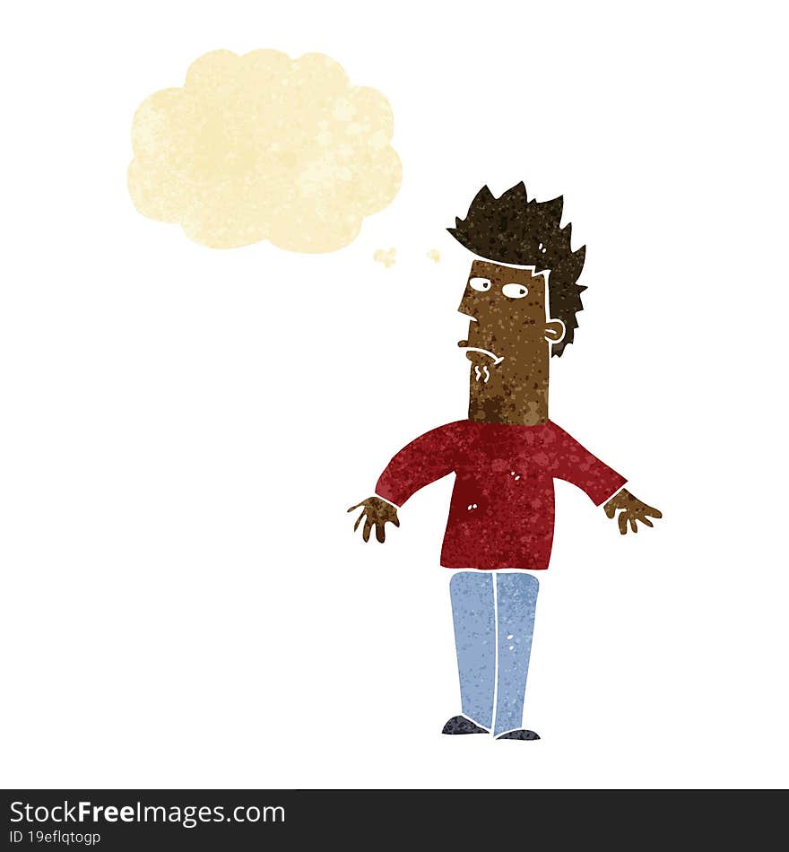 cartoon worried man with thought bubble