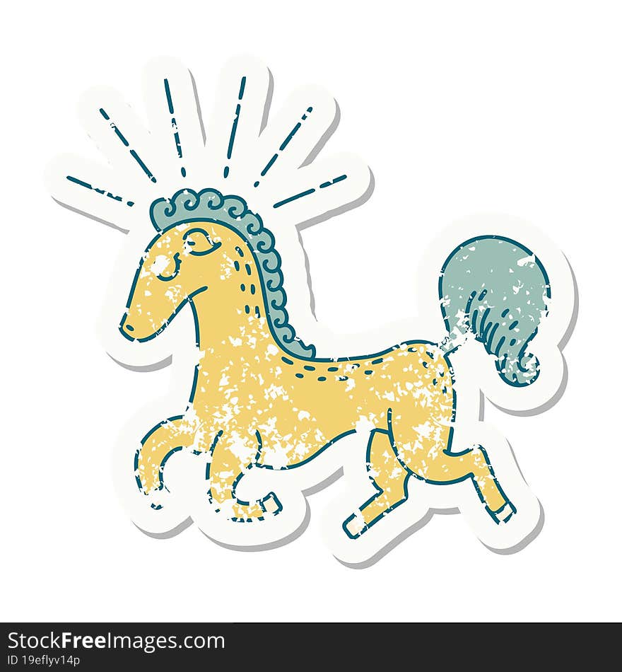 grunge sticker of tattoo style prancing stallion