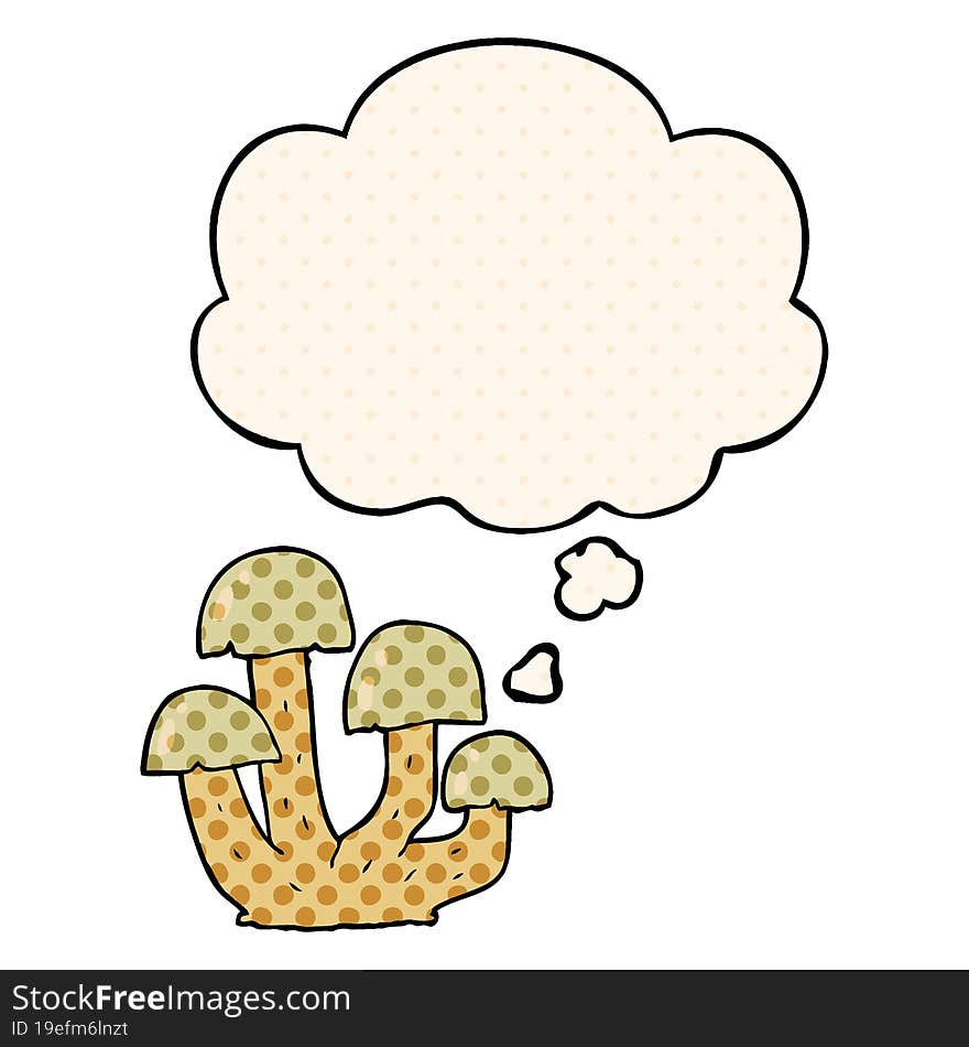 cartoon mushroom with thought bubble in comic book style