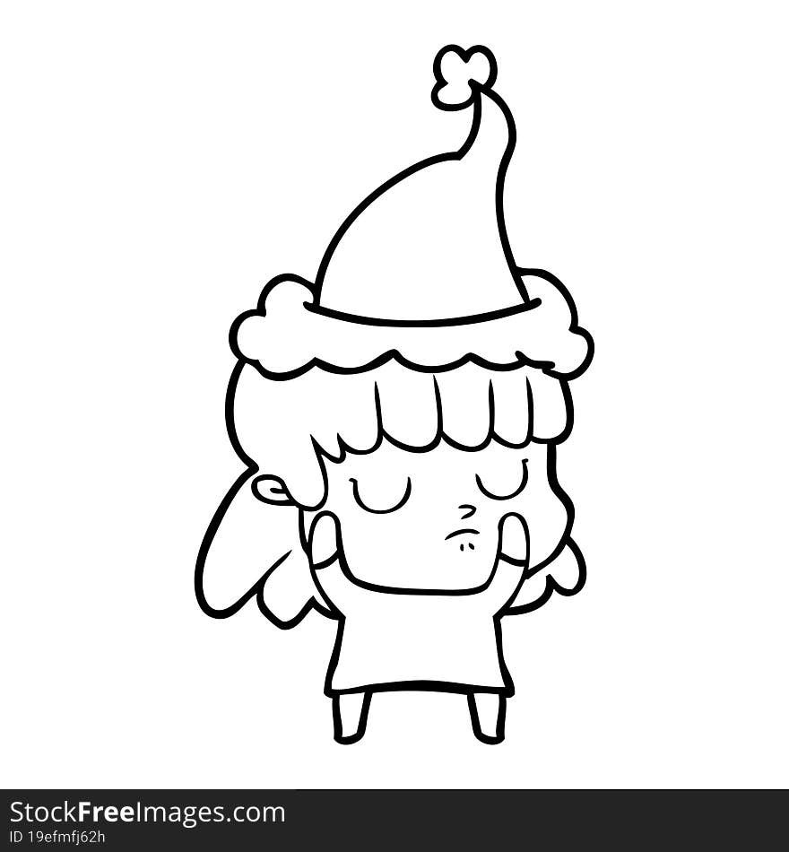 line drawing of a indifferent woman wearing santa hat