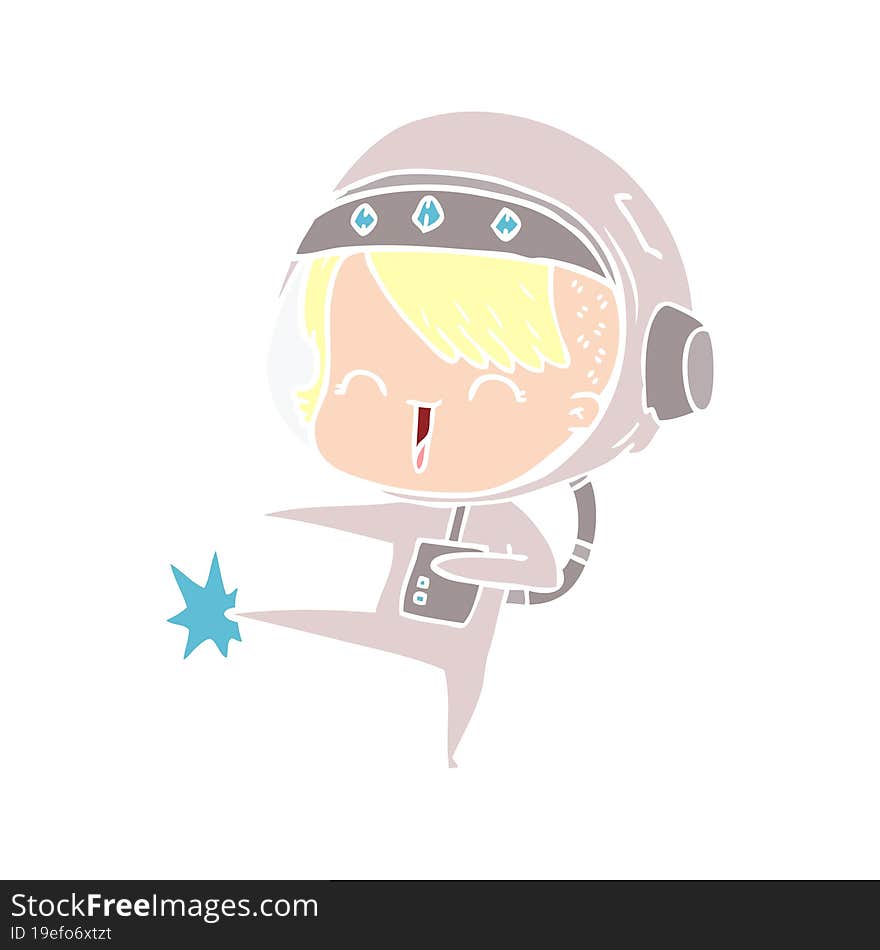 happy flat color style cartoon space girl kicking
