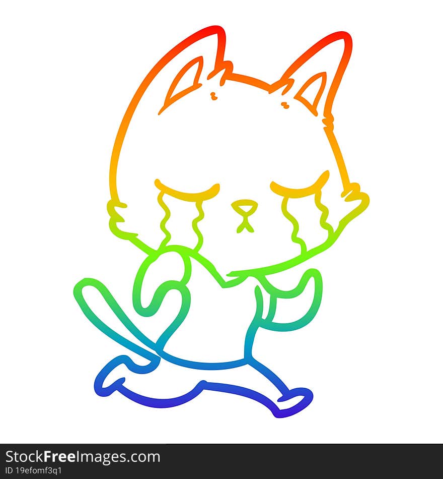 rainbow gradient line drawing crying cartoon cat running away