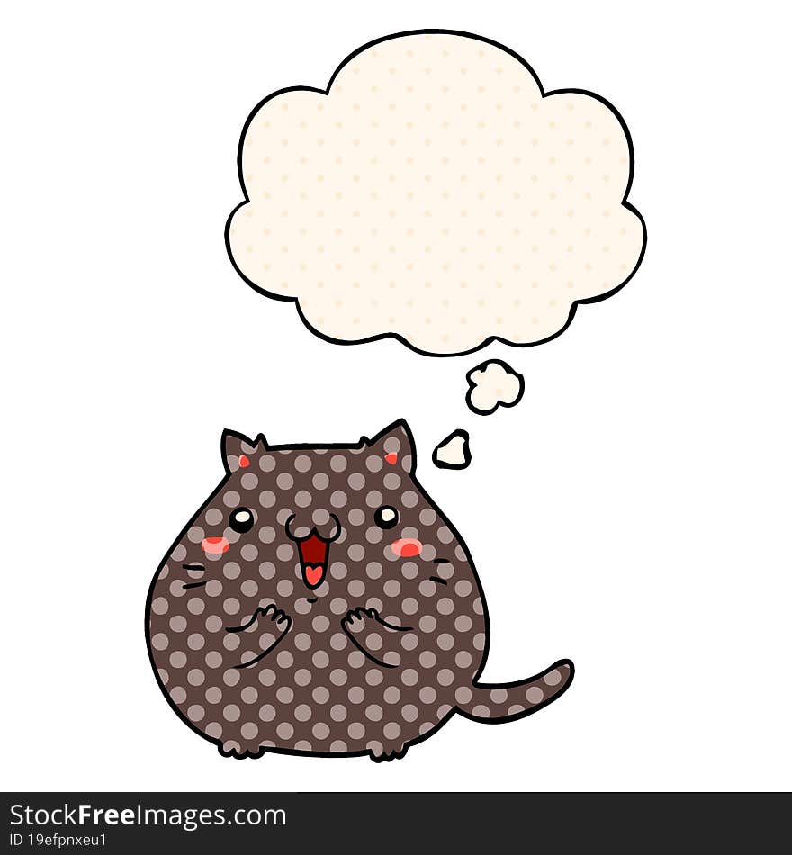 happy cartoon cat with thought bubble in comic book style