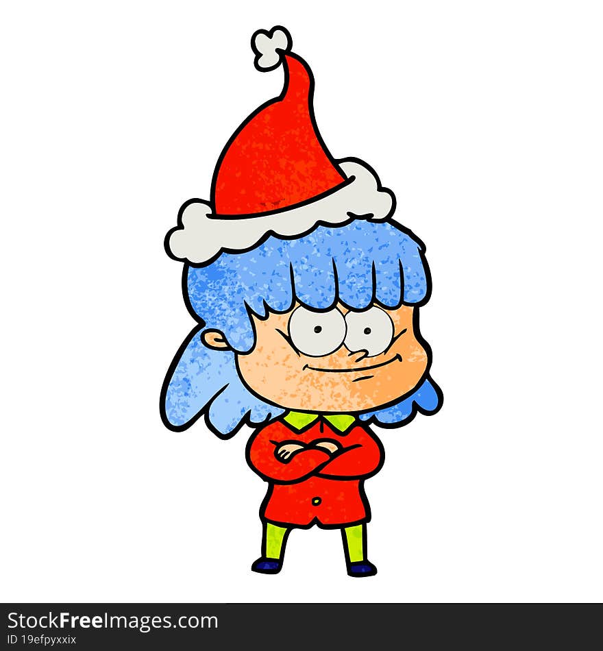 textured cartoon of a smiling woman wearing santa hat