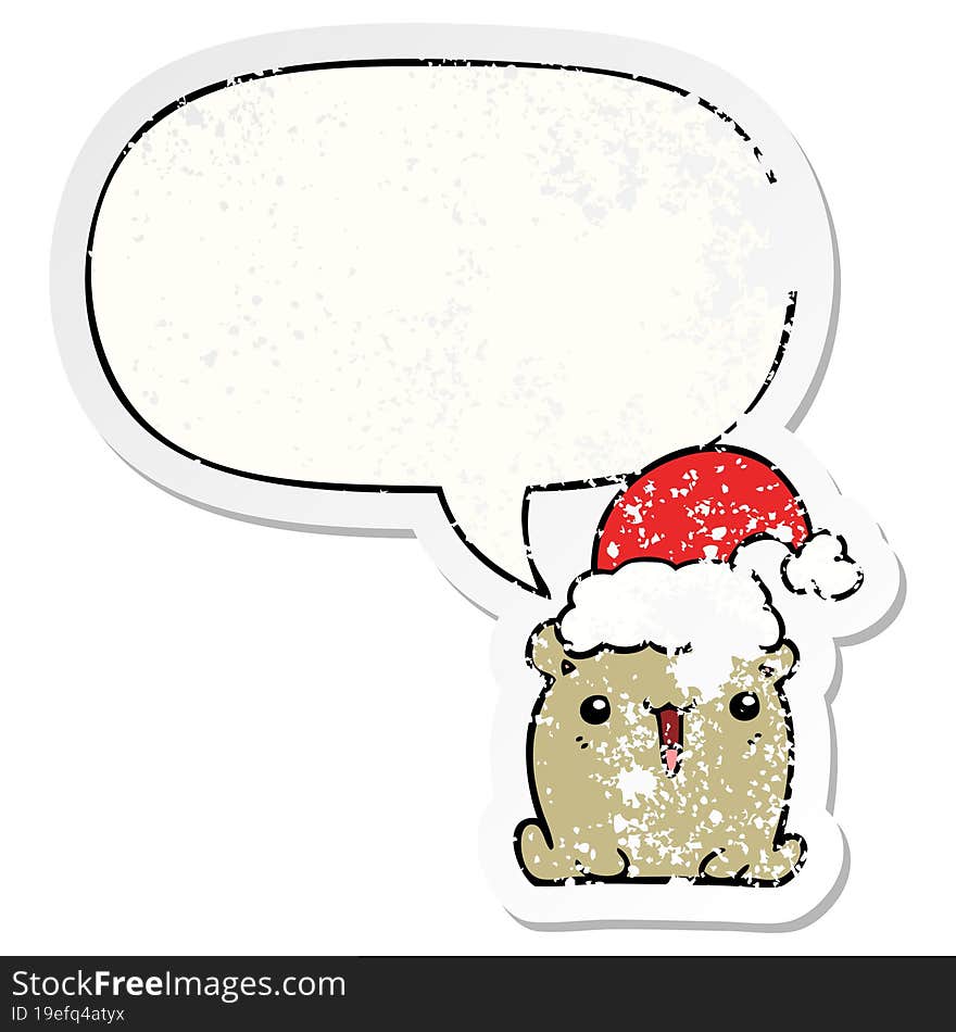 Cute Cartoon Bear And Christmas Hat And Speech Bubble Distressed Sticker