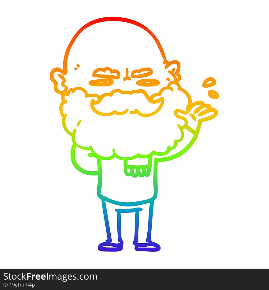 rainbow gradient line drawing of a cartoon dismissive man with beard frowning