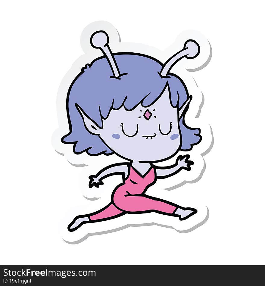 sticker of a cartoon alien girl jumping