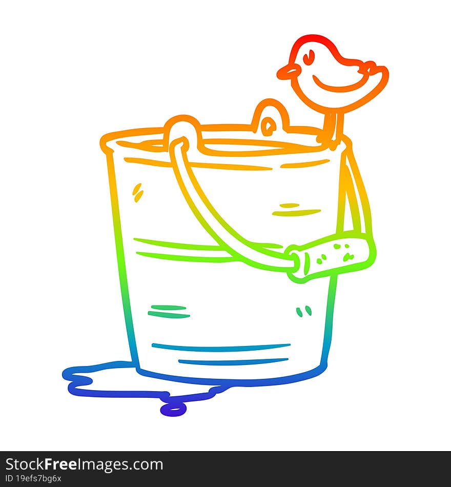 rainbow gradient line drawing bird looking into bucket of water