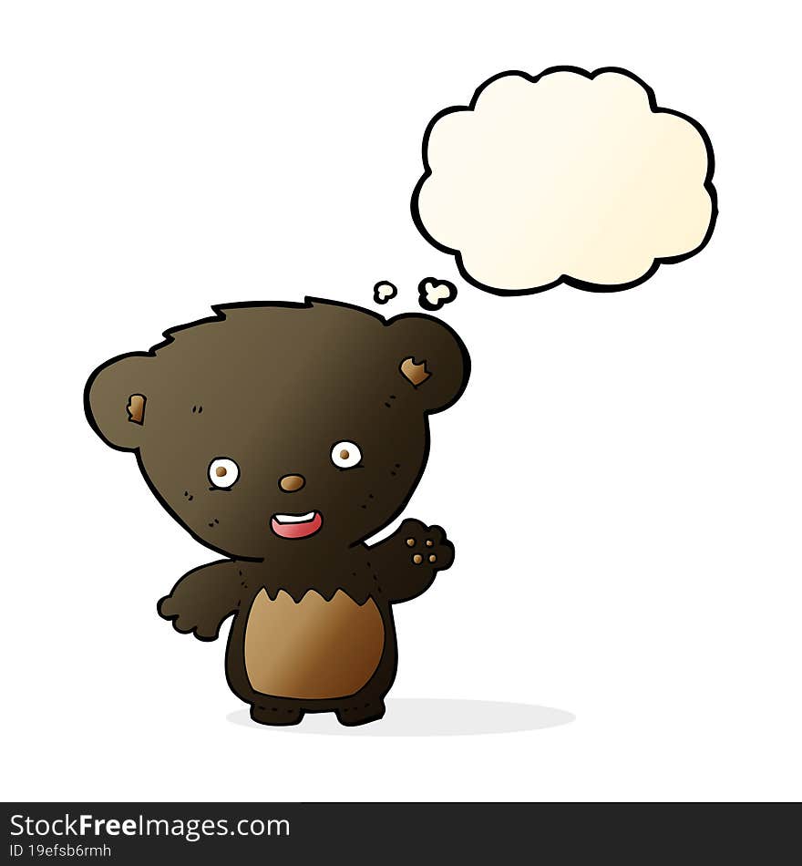 cartoon black bearcub waving with thought bubble