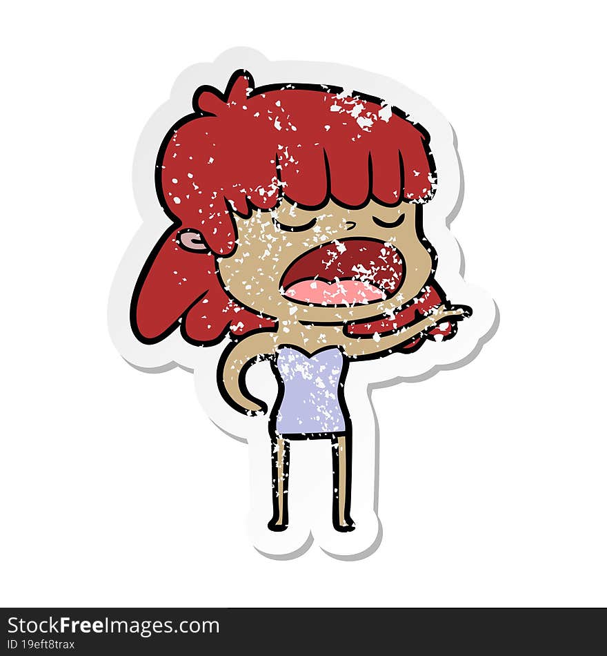 distressed sticker of a cartoon woman talking loudly