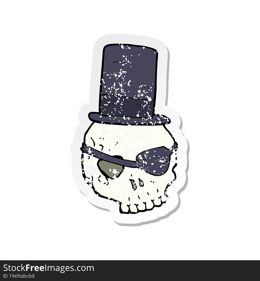 retro distressed sticker of a skull in top hat cartoon