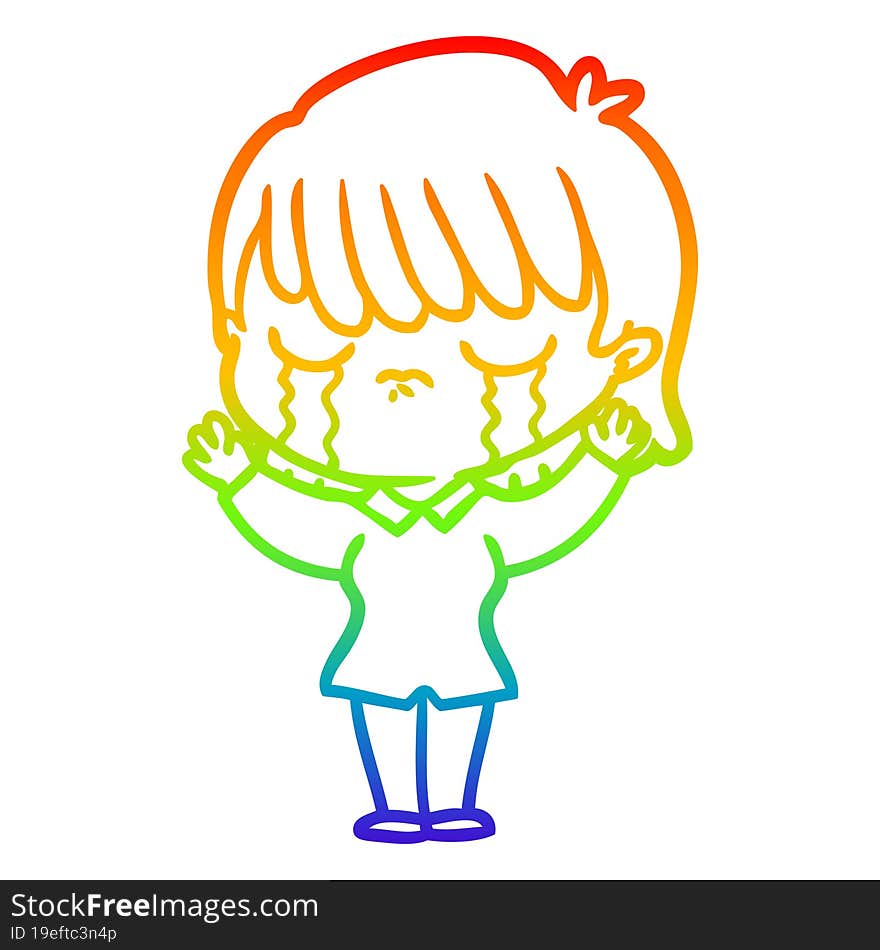 rainbow gradient line drawing of a cartoon woman crying