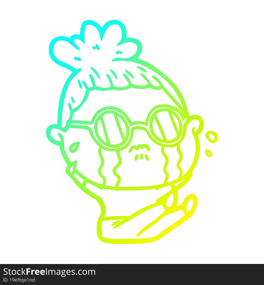 cold gradient line drawing cartoon crying woman wearing spectacles