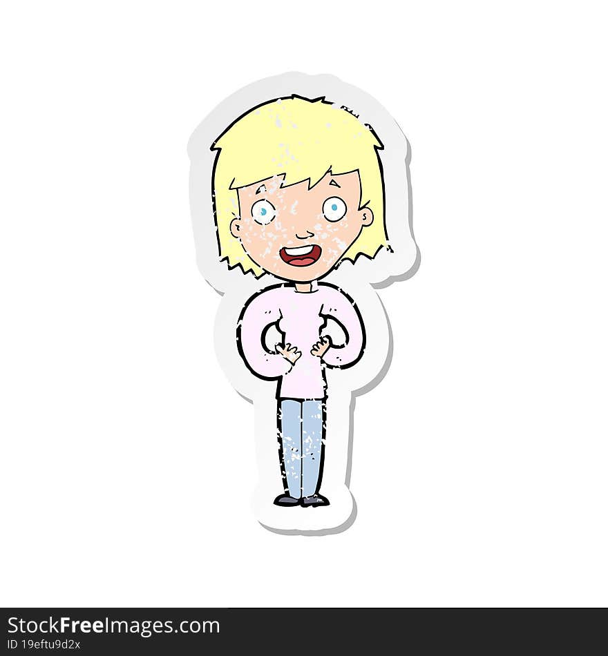 retro distressed sticker of a cartoon happy woman