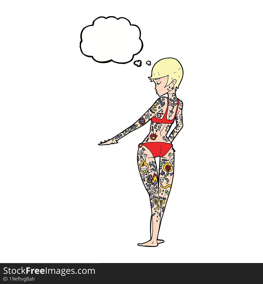 cartoon bikini girl covered in tattoos with thought bubble