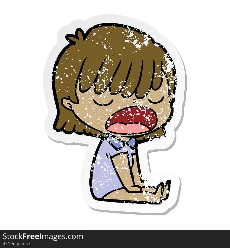 distressed sticker of a cartoon woman talking loudly