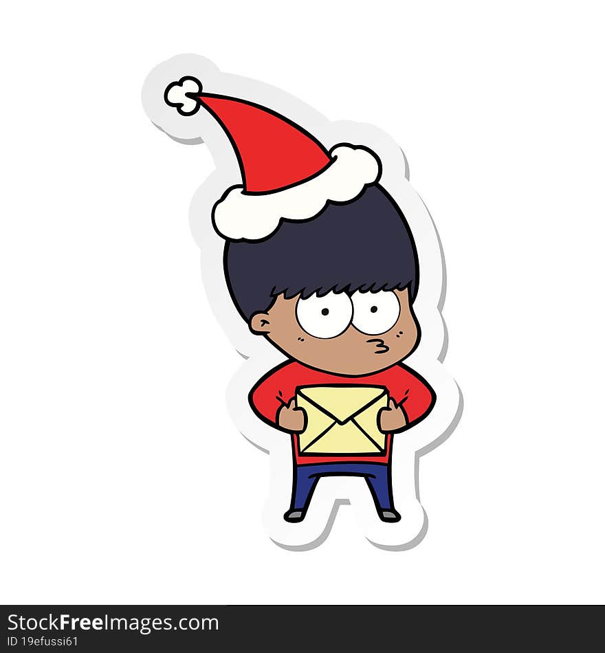 nervous sticker cartoon of a boy wearing santa hat