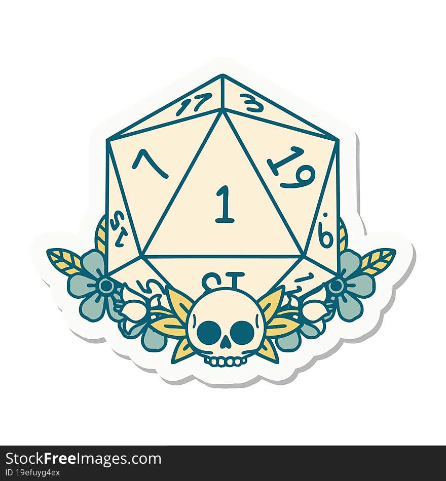 sticker of a natural one dice roll with floral elements. sticker of a natural one dice roll with floral elements