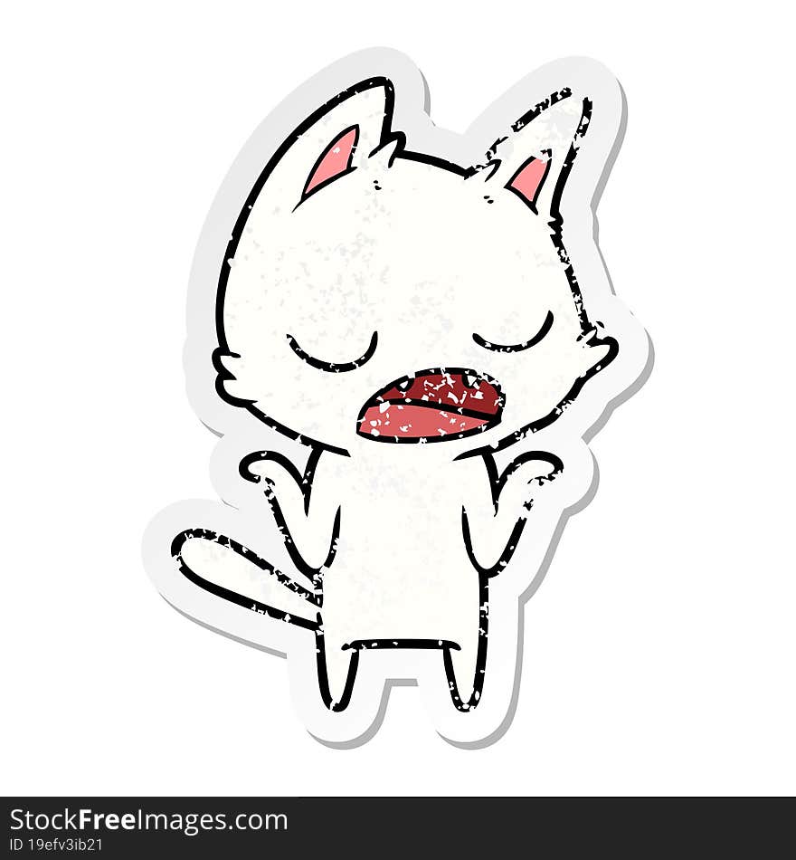 distressed sticker of a talking cat shrugging shoulders