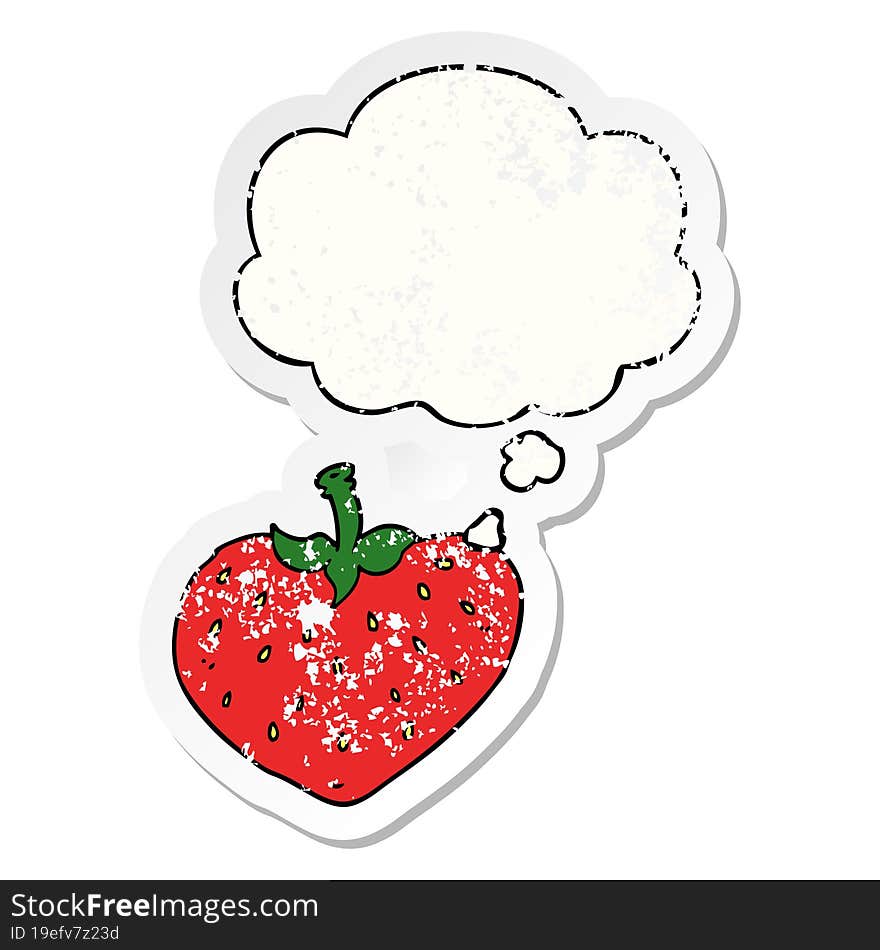 cartoon strawberry and thought bubble as a distressed worn sticker