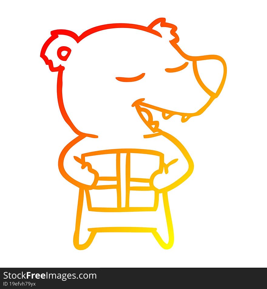 warm gradient line drawing cartoon polar bear with present