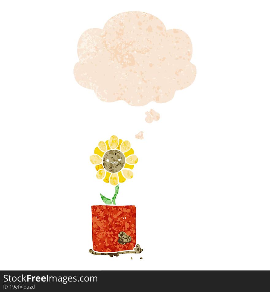 cute cartoon flower and thought bubble in retro textured style