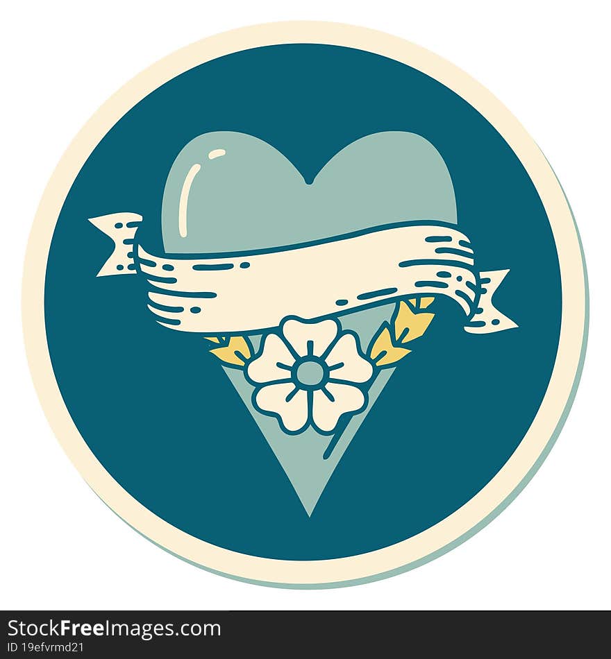 Tattoo Style Sticker Of A Heart Flower And Banner