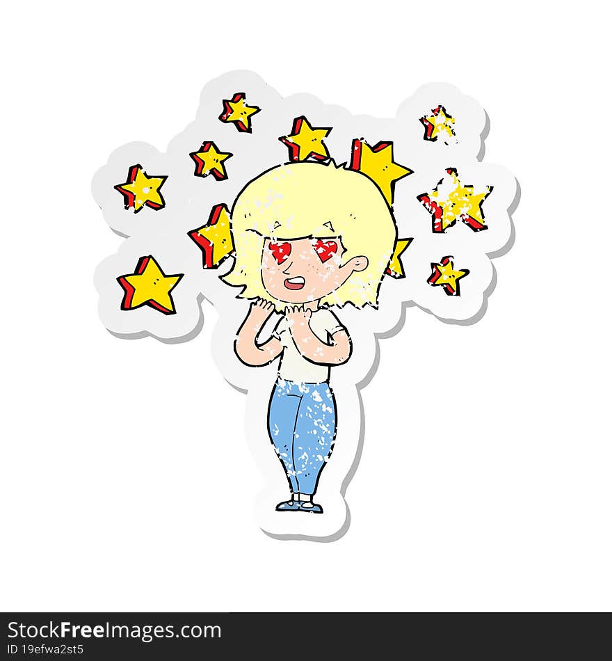 retro distressed sticker of a cartoon woman in love