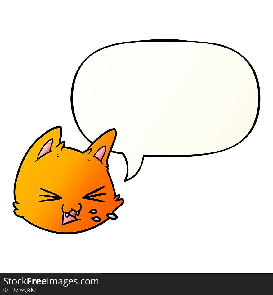 Spitting Cartoon Cat Face And Speech Bubble In Smooth Gradient Style