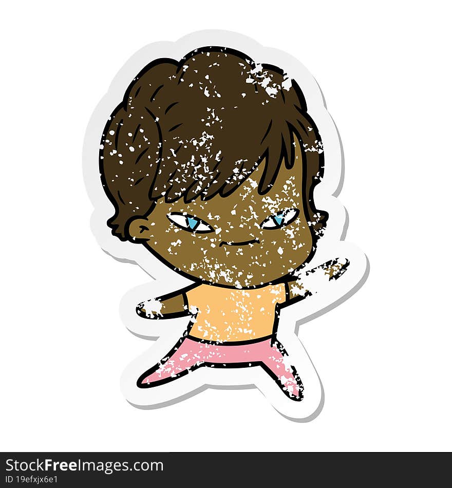 distressed sticker of a cartoon happy woman