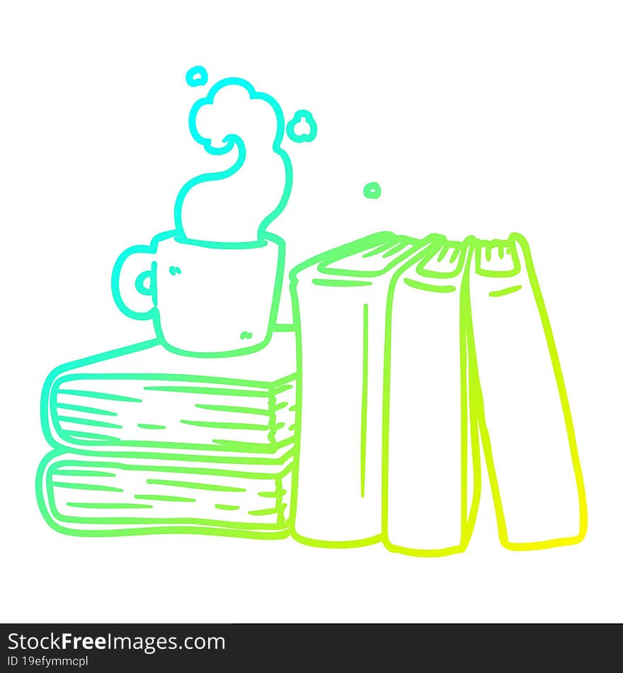 cold gradient line drawing cartoon coffee cup and study books