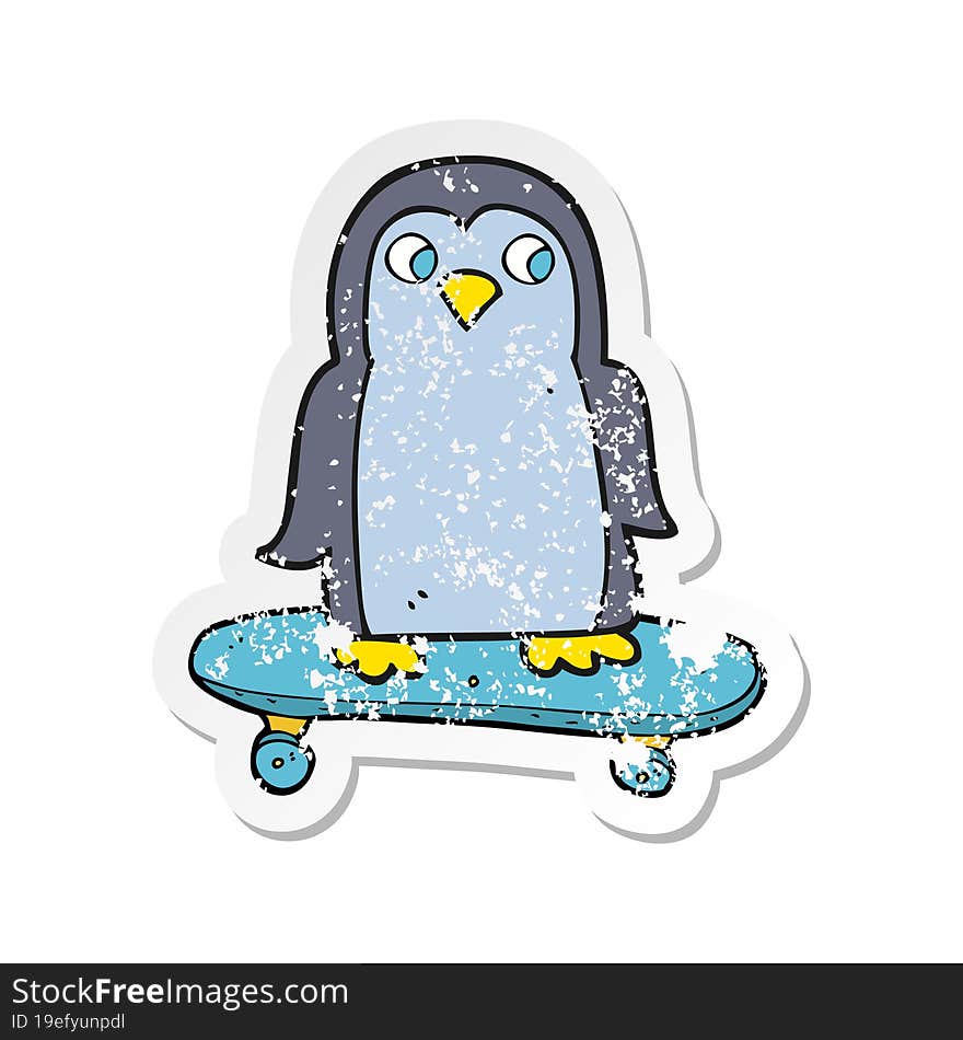 retro distressed sticker of a cartoon penguin riding skateboard