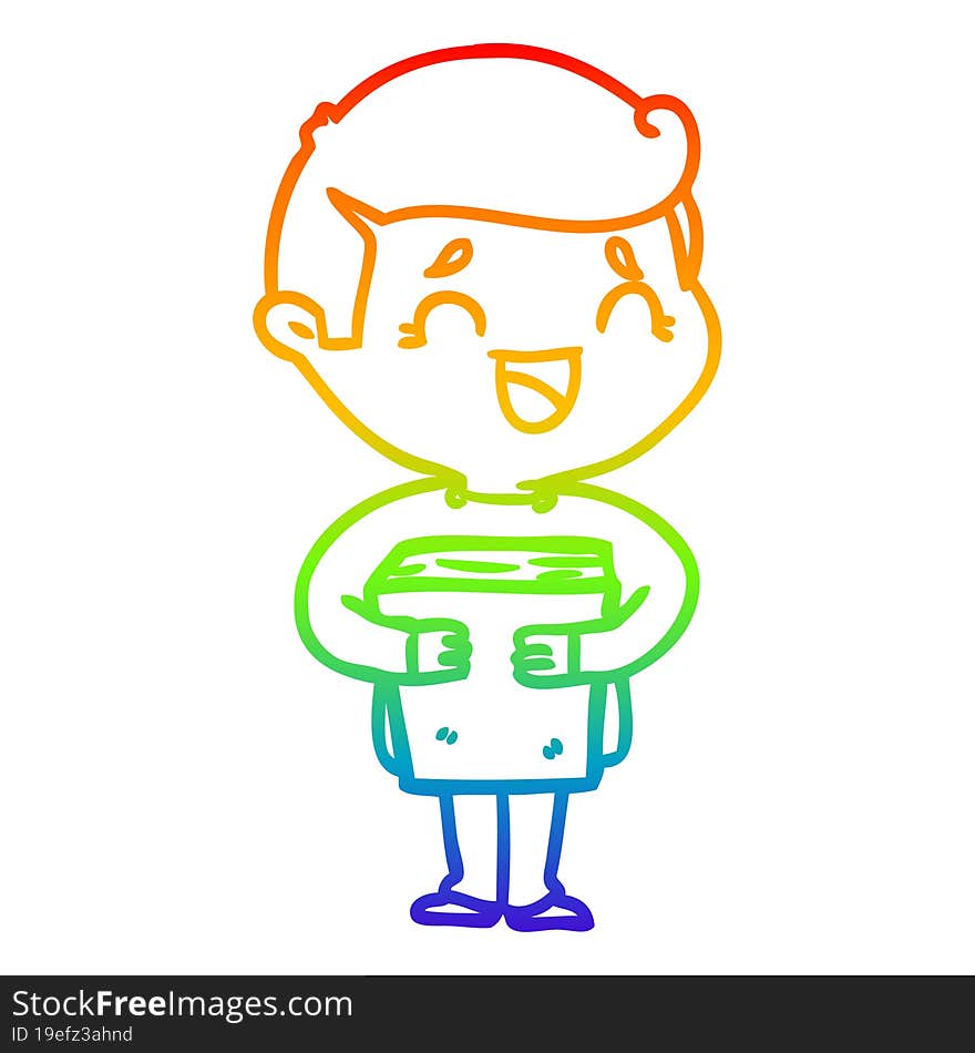 rainbow gradient line drawing of a cartoon laughing man holding book