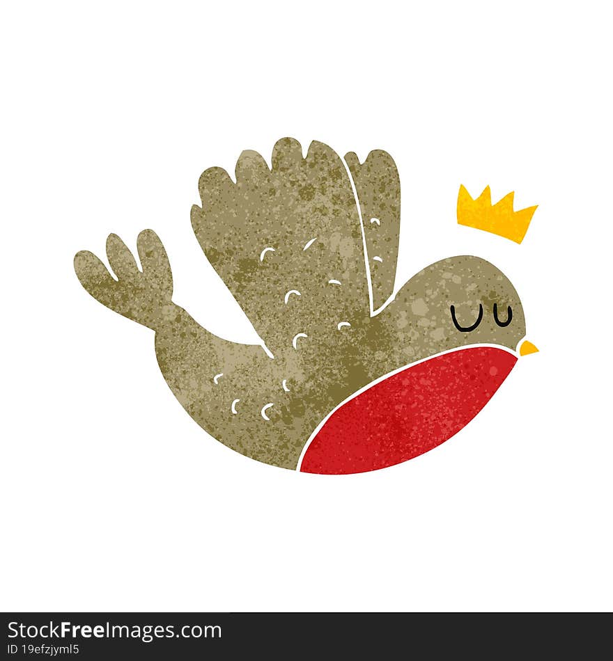 Retro Cartoon Flying Christmas Robin With Crown