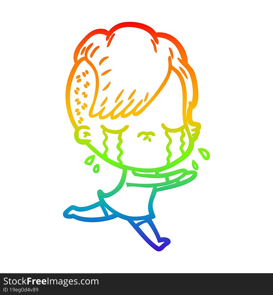 rainbow gradient line drawing cartoon crying girl running away