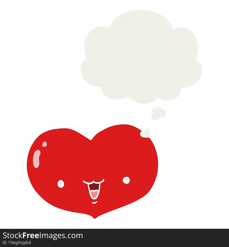 cartoon love heart character with thought bubble in retro style