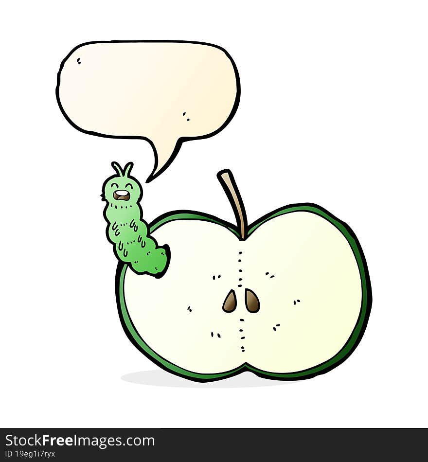 cartoon bug eating apple with speech bubble