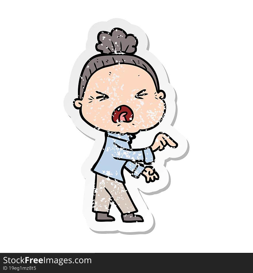 distressed sticker of a cartoon angry old woman