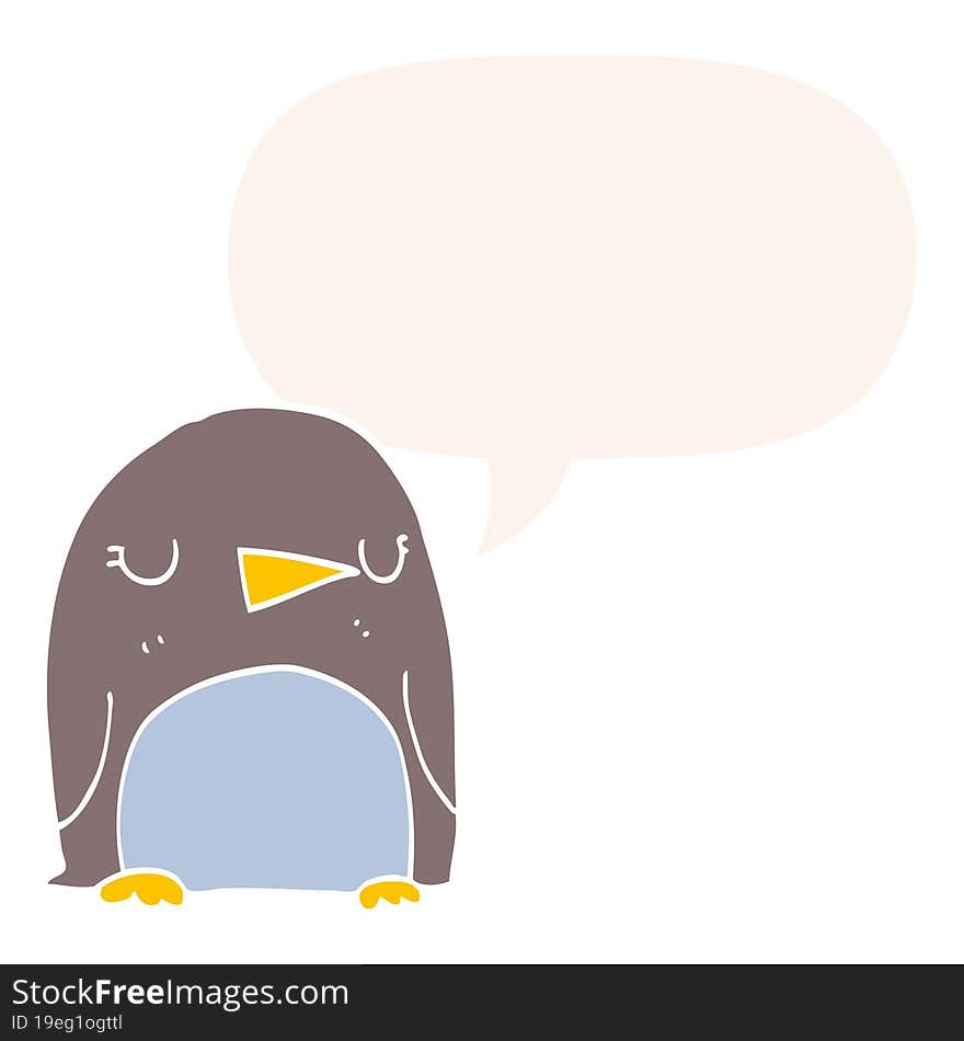 cartoon penguin with speech bubble in retro style