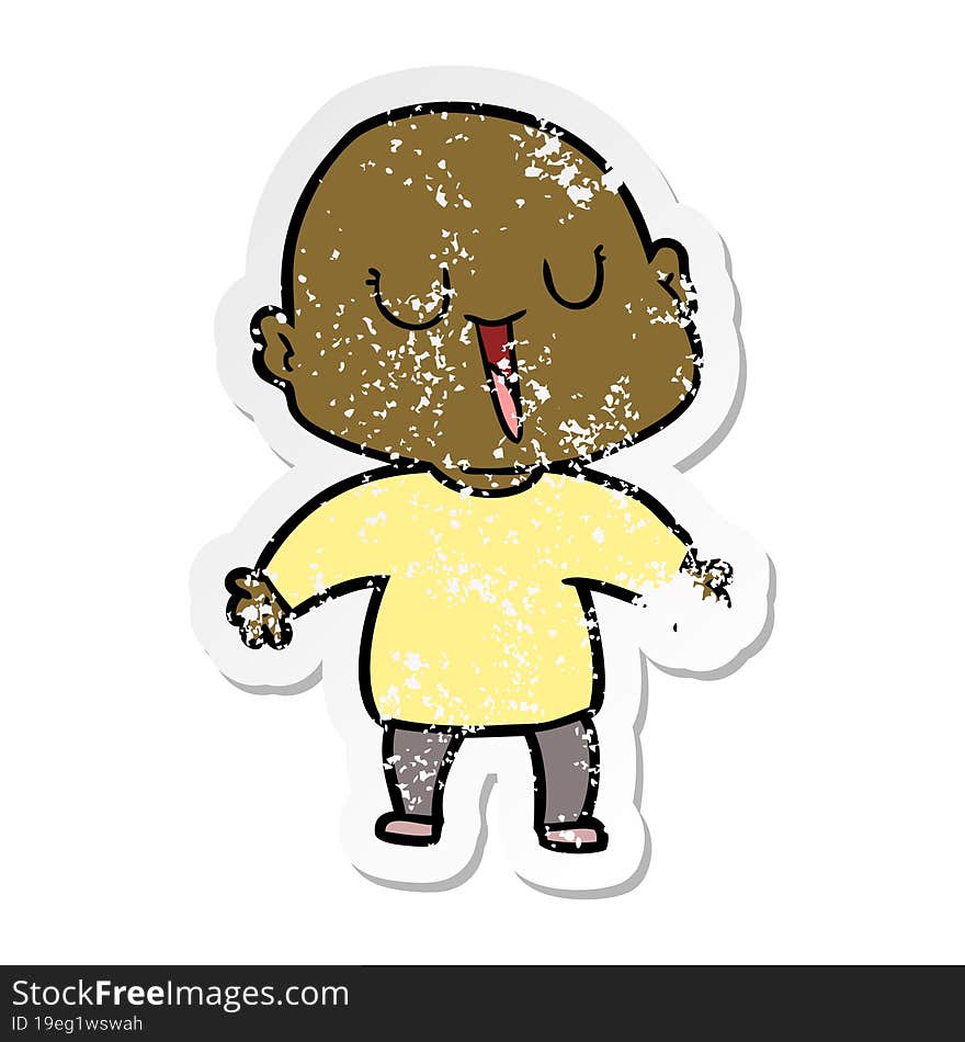 distressed sticker of a happy cartoon bald man