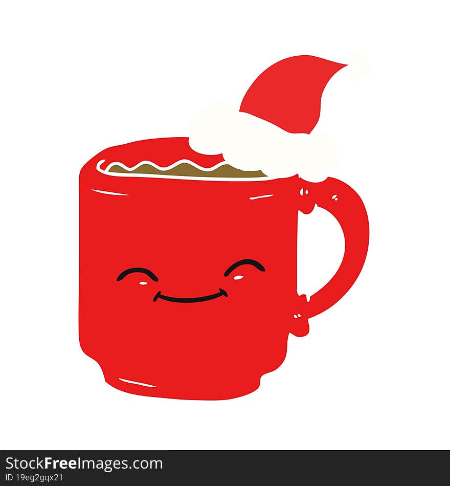 hand drawn flat color illustration of a coffee mug wearing santa hat