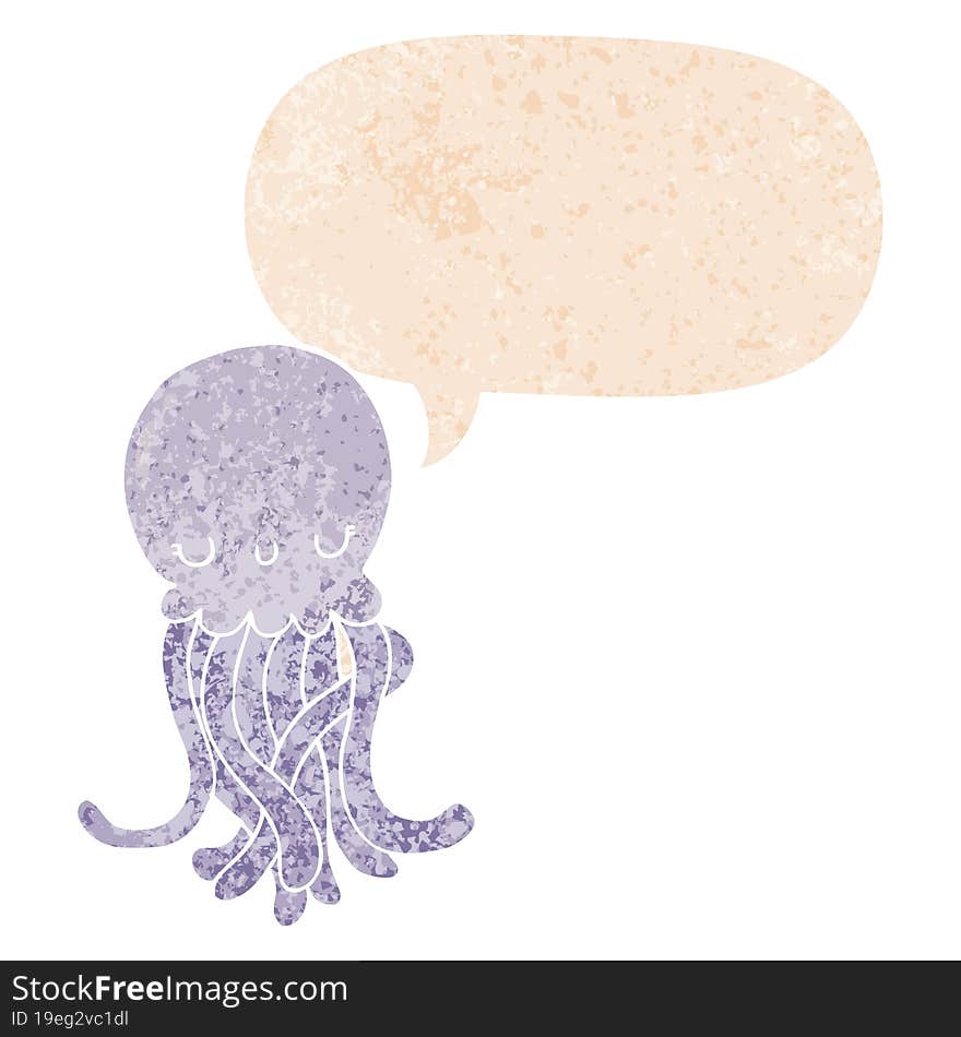 cute cartoon jellyfish and speech bubble in retro textured style