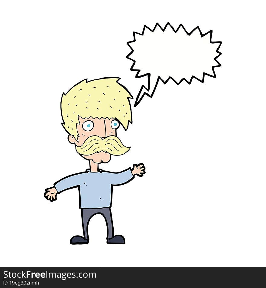 cartoon man with mustache waving with speech bubble