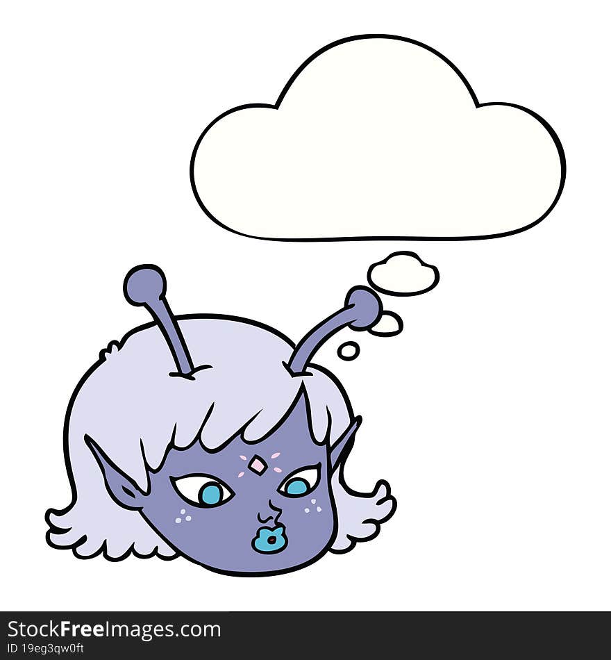 cartoon alien space girl face with thought bubble