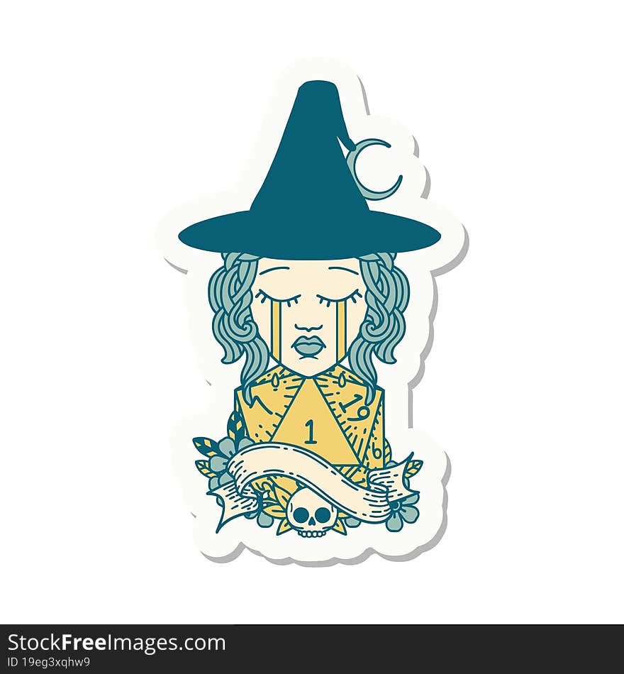 Crying Human Witch With Natural D20 Roll Sticker