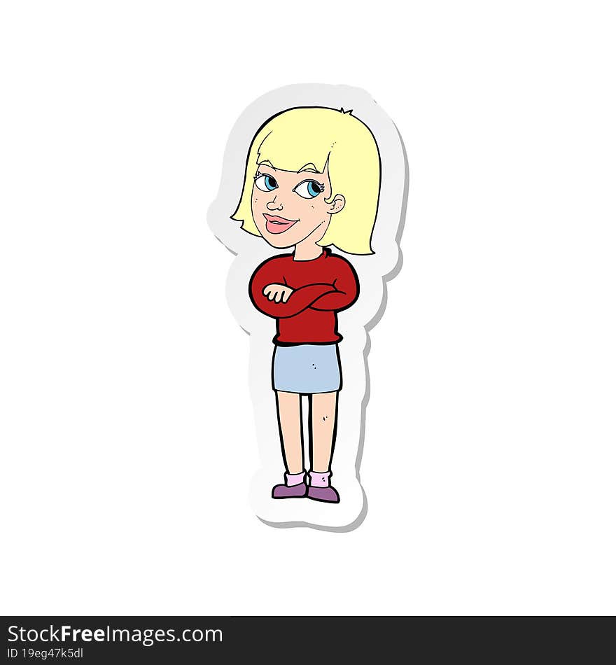 sticker of a cartoon happy woman looking over