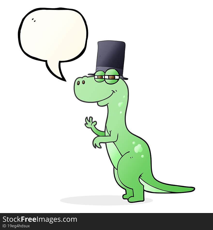 freehand drawn speech bubble cartoon dinosaur wearing top hat