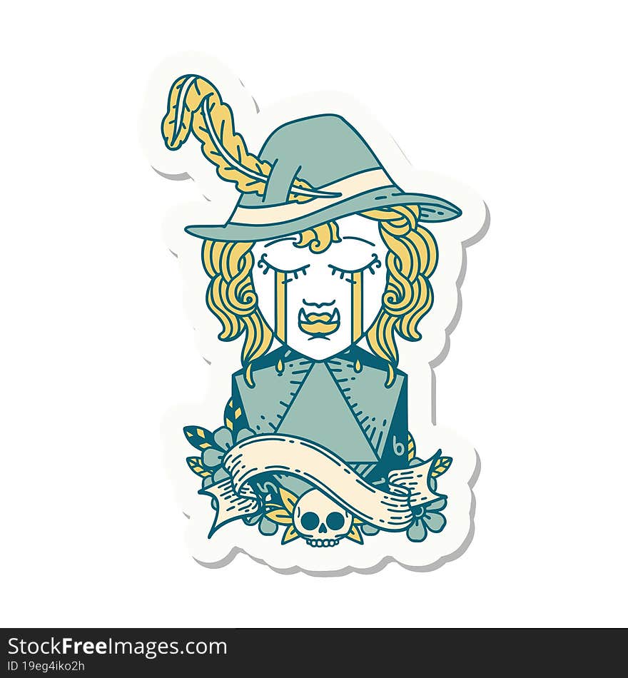 crying orc bard character with natural one D20 roll sticker