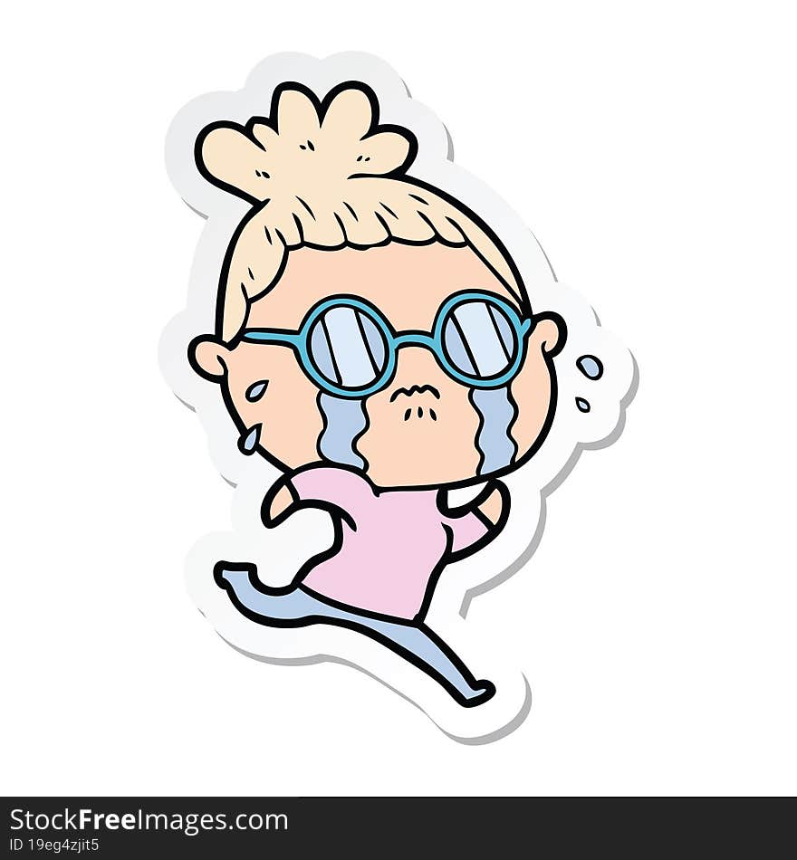 sticker of a cartoon crying woman wearing spectacles