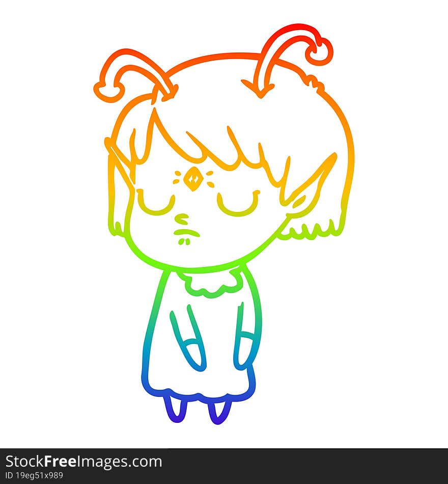 rainbow gradient line drawing of a cartoon alien girl